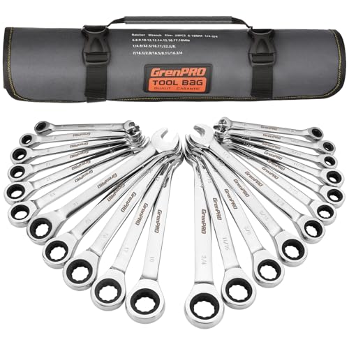 GRENPRO 22PC Ratcheting Wrench Set SAE&Metric Combination Open End Wrenches | 1/4"-3/4"&6-18mm Ratchet Wrenches, Gauge CR-V 72-Tooth 5° Swing 12Pt Mechanic Tools Sets, Roll Pouch for Auto & Home Repair - style: 22PCS Ratcheting Wrench Set Metric&SAE