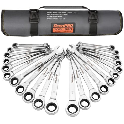 GRENPRO 22PC Ratcheting Wrench Set SAE&Metric Combination Open End Wrenches | 1/4"-3/4"&6-18mm Ratchet Wrenches, Gauge CR-V 72-Tooth 5° Swing 12Pt Mechanic Tools Sets, Roll Pouch for Auto & Home Repair - style: 22PCS Ratcheting Wrench Set Metric&SAE