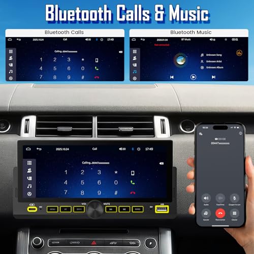 Car Radio 1 DIN 6.86 Inch, Wireless CarPlay Android Auto Car Stereo, Bluetooth Hands-Free, FM Radio, Steering Wheel Control, MirrorLink, AUX Input, Equalizer Multimedia Player with HD Reversing Camera