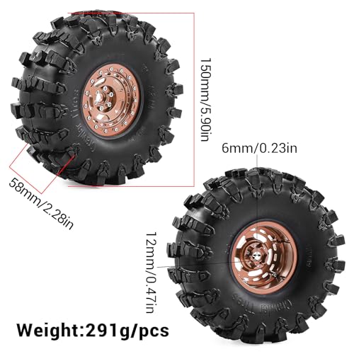 2.2" Beadlock Wheel Rims and Rubber Crawler Tires 150mm (5.91in) for 1/10 RC Crawler SCX10 RBX10 Wraith TRX4 (Bronze) - color: Bronze