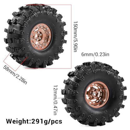 2.2" Beadlock Wheel Rims and Rubber Crawler Tires 150mm (5.91in) for 1/10 RC Crawler SCX10 RBX10 Wraith TRX4 (Bronze) - color: Bronze