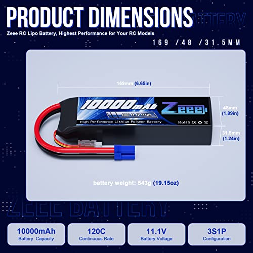 Zeee 3S Lipo Battery 10000mAh 11.1V 120C with EC5 Connector Soft Case RC Battery for RC Car Truck Tank Racing Hobby Models (2 Pack)