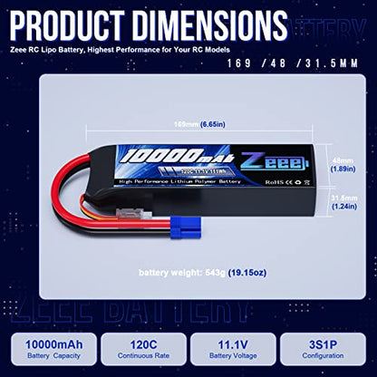 Zeee 3S Lipo Battery 10000mAh 11.1V 120C with EC5 Connector Soft Case RC Battery for RC Car Truck Tank Racing Hobby Models (2 Pack)