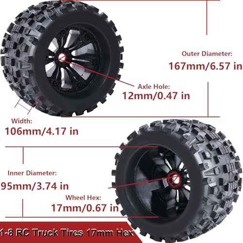 Pre-Glued Huge 17mm Hex 3.8“ RC Truck Wheels Tires 1/8 RC Monster Truck Tyres Fits 1/8 Summit ERveo 1/8 Arrma 6S Kraton Outcast Notorious 1/7 6S Big Rock Redcat HPI 1/8 Savage JLB Cheetah - style: Rock Tread