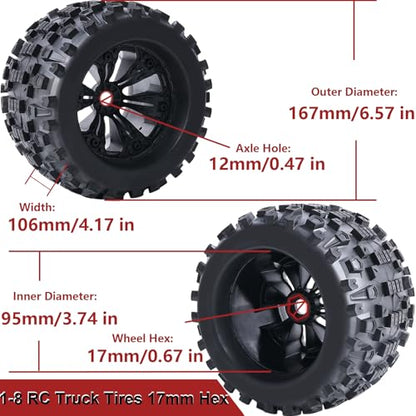 Pre-Glued Huge 17mm Hex 3.8“ RC Truck Wheels Tires 1/8 RC Monster Truck Tyres Fits 1/8 Summit ERveo 1/8 Arrma 6S Kraton Outcast Notorious 1/7 6S Big Rock Redcat HPI 1/8 Savage JLB Cheetah - style: Rock Tread