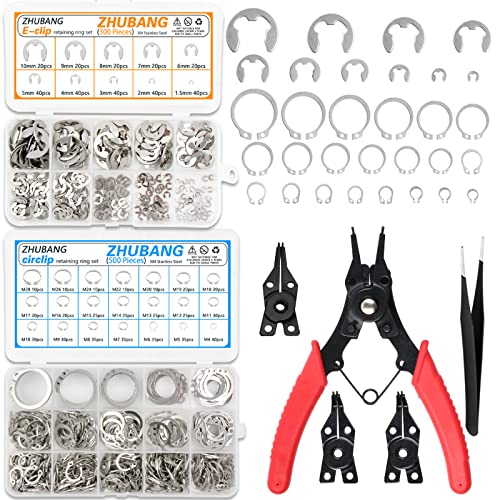 ZHUBANG 800Pcs C-clip External Retaining Rings Snap Rings Assortment Kit Circlip 304 Stainless Steel(M4-M28) + E-clip Assortment Set(1.5mm-10mm) + 5Pcs Snap Ring Plier + Tweezer - size: Stainless Steel 500Pcs C-clip
