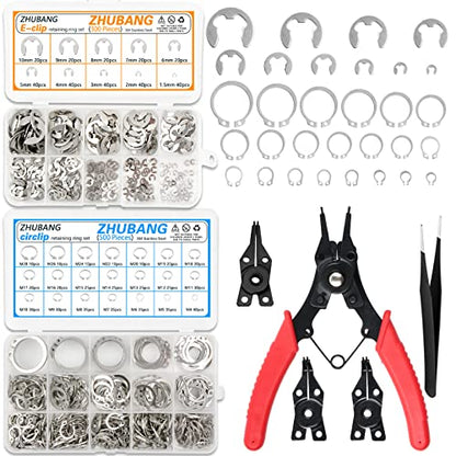 ZHUBANG 800Pcs C-clip External Retaining Rings Snap Rings Assortment Kit Circlip 304 Stainless Steel(M4-M28) + E-clip Assortment Set(1.5mm-10mm) + 5Pcs Snap Ring Plier + Tweezer - size: Stainless Steel 500Pcs C-clip