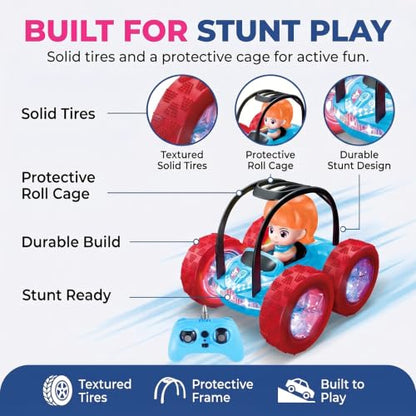 4WD RC Stunt Car for Kids Ages 3+, Blue Car with Girl | LED lights, built-in music, 360° spins, 180° flips, 2.4GHz remote, solid tires, indoor outdoor play - color: Blue