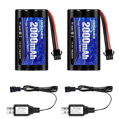 2S RC Battery 2000mAh 7.4V Li-ion Battery with SM3P Plug 2S Rechargeable RC Battery with 2 USB Chargers Fit for RC Toys RC Car Truck and RC Tank