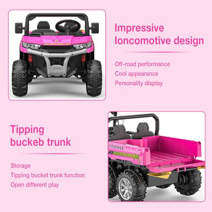 Hetoy 24V Ride on Dump Truck with Remote Control, Electric Dump Bed, Electric Utility Vehicles UTV 4WD Battery Powered 6 Wheeler Ride On Toys for Boys Girls (Pink) - color: Pink
