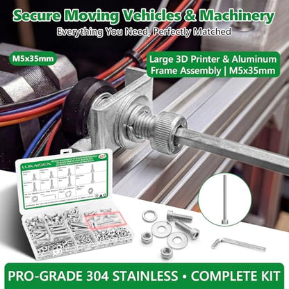 307 Pcs M5 Hex Socket Cap Screws Nuts Flat Washers Kit, 304 SS | with Flat & Spring Washers & Wrench, Heavy-Duty Metric Fasteners for Machinery & DIY, M5 x 8mm-35mm,Clear Label Storage Box - size: SS M5 307pcs 3