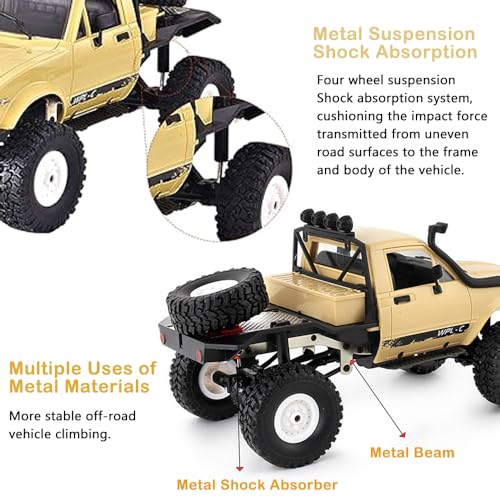 GoolRC RC Truck, WPL C14 RC Crawler 1/16 Scale Remote Control Car, 4WD All Terrain Off Road Semi Truck, 2.4GHz RC Climbing Car with LED Lights and 2 Batteries for Adults (Yellow) - color: Yellow
