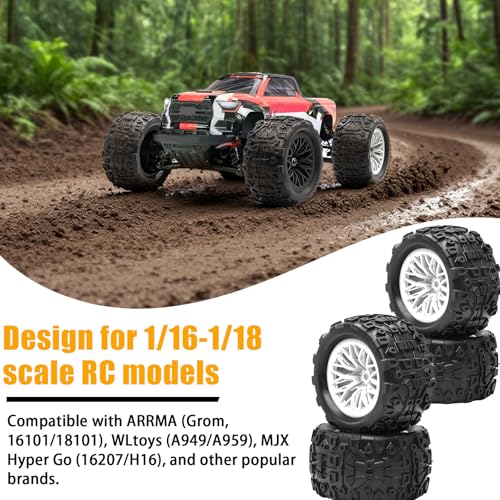Pre-Glued 1/16 & 1/18 RC Monster Truck Rubber Tire & Nylon Wheel - 12mm Hex | Rubber Tires with Foam Fits for ARRMA 1/18 Granite/Typhon Grom, WLtoys A949, MJX Hyper Go H16 (4PCS, White) - color: White