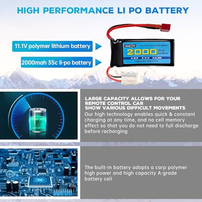 3S Lipo Battery 11.1V 2000mAh 35C with T-Plug and USB Charging Cable for RC Cars,Trucks,RC Ships,RC Drones,Quadcopters,FPV UAV Batteries (1PCS Battery+1 USB)