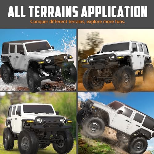FLYCOLOR RCS24 Off Road 1/24 RC Truck 4x4 Off Road Crawler Climbing Vehicle All Terrain RC Monster Truck Remote Control Car with Bright Headlight 2 Batteries Waterproof Hobby Toys(RTR White) - color: White