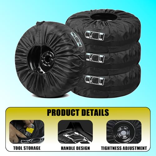 Car Spare Tire Cover, 210T Oxford Cloth Sun Dustproof Spare Tire Storage Bag, Wheel Protector with Side Tool Pouch, Adjustable Drawstring Universal 19"-23" Diameters Tire for Most Cars (Black #L) - size: Black #L
