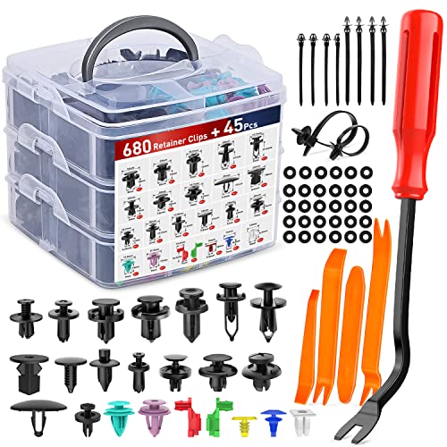Nilight 725Pcs Car Push Retainer Clips & Auto Fasteners Assortment -23 Most Popular Sizes Nylon Bumper Fender Rivets with 10 Cable Ties and Fasteners Remover for Toyota GM Ford Honda Chevy - color: 680Pcs Clips + Remover