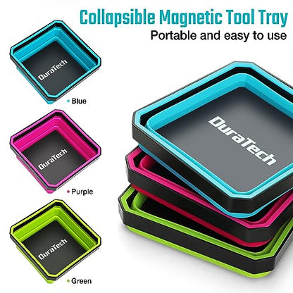 DURATECH Magnetic Foldable Parts Tray Set, 3 Pack Collapsible Silicone Tool Tray Set with Double-Sided Magnetic Base for Organizing Screw Bolts Nuts Washers Pins and Other Small Metal Parts