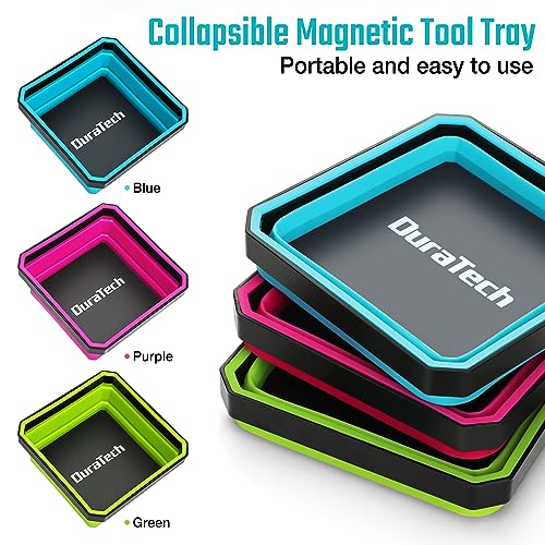 DURATECH 3-Pack Magnetic Foldable Parts Tray Set, Silicone Tool Tray Set | Collapsible Tool Set with Double-Sided Magnetic Base for Organizing Screw Bolts Nuts Washers Pins and Other Small Metal Parts
