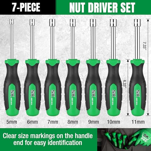 SK 7-Piece Metric Nut Driver Set, 5-11 mm, 3-Inch Deep Long Solid Shaft | Heat-Treated Chrome Plating Shaft,Premium CR-V Steel, SureGrip Handle - size: Metric