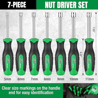 SK 7-Piece Metric Nut Driver Set, 5-11 mm, 3-Inch Deep Long Solid Shaft | Heat-Treated Chrome Plating Shaft,Premium CR-V Steel, SureGrip Handle - size: Metric