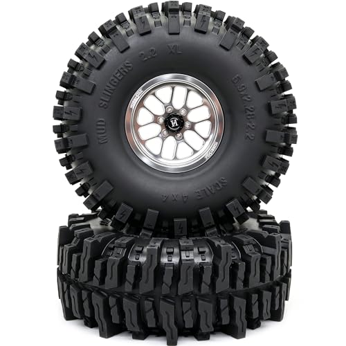 HOBBYSOUL 5.9'' Tall Mud Slingers XL RC 2.2 beadlock Wheels and Tires Set | -11mm negative offset silver beadlock wheel rims, T8 Compound Tire, For 1/10 RC Crawlers Truck Upgrades - color: Silver, size: 150mm / 5.9inch Tall