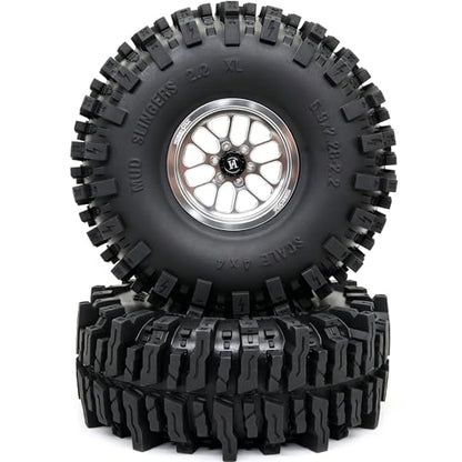 HOBBYSOUL 5.9'' Tall Mud Slingers XL RC 2.2 beadlock Wheels and Tires Set | -11mm negative offset silver beadlock wheel rims, T8 Compound Tire, For 1/10 RC Crawlers Truck Upgrades - color: Silver, size: 150mm / 5.9inch Tall