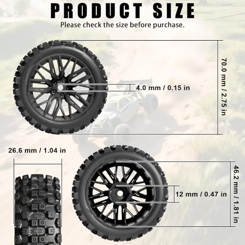 4PCS Pre-Glued RC Crawler Car Rubber Tires and Plastic Wheels Set, 70mm*26mm Tires and Rims with 12mm Hex Fits for ARRMA 1/14 1/16 1/18 Granite/Typhon Grom RC On/Off Road Crawler Truck Car (Black) - color: Black