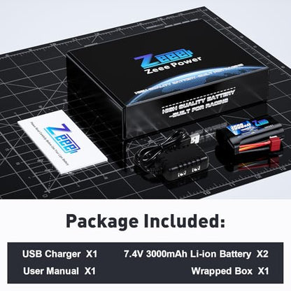Zeee 2S Li-ion Battery 3000mAh 7.4V T Connector with 7.4V Battery Charger | 2S Rechargeable Battery Compatible with 4WD High Speed RC Car 1/16 Scale RC Car Boat Trucks (2 Pack)