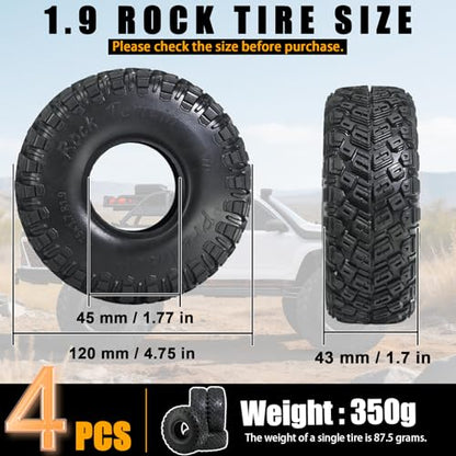 1.9" Crawler Tires 120 * 43mm V-Groove Tread Rock Terrain Climbing Tires for 1/10 Axial SCX10, TRX4, Redcat Gen8, FCX10, UTB18 RC Crawler Car Off-Road Tire(4-Pack) - size: LH Tire-1.9