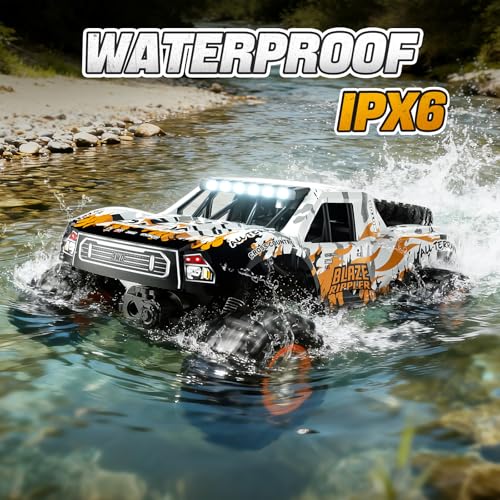 1:10 Amphibious Remote Control Car, 2.4 GHz Waterproof Monster Truck Toys RC Cars, 4WD All Terrain Off-Road Pickup RC Trucks , 2 Batteries 60Mins Play, Kids Toy Gift for Adults Kids Boys Girls