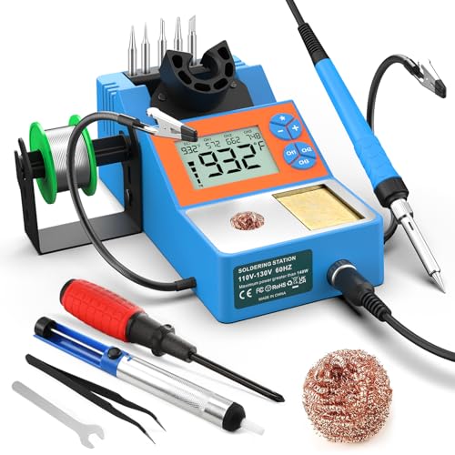 Soldering Station, 140W Digital Display Soldering Iron Station Kit with 2 Helping Hands, 356°F-932°F, Auto Sleep, °C/°F Conversion, Solder Wire, 5 Tips, Solder Sucker, Tweezers, Tip Cleaner, Blue - color: Blue