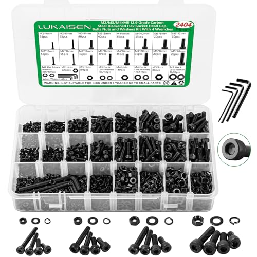 2404PCS Screw Assortment Kit, M2-M5 12.9 Alloy Steel Hex Socket Cap Bolts | With Nuts & Flat Washers & Lock Washers & Wrench, Black Zinc Plated High-Tensile, Length 4-20mm, for 3D Printing, DIY, Home - size: M2 M3 M4 M5 2404pcs 3