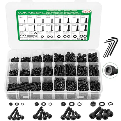 2404PCS Screw Assortment Kit, M2-M5 12.9 Alloy Steel Hex Socket Cap Bolts | With Nuts & Flat Washers & Lock Washers & Wrench, Black Zinc Plated High-Tensile, Length 4-20mm, for 3D Printing, DIY, Home - size: M2 M3 M4 M5 2404pcs 3