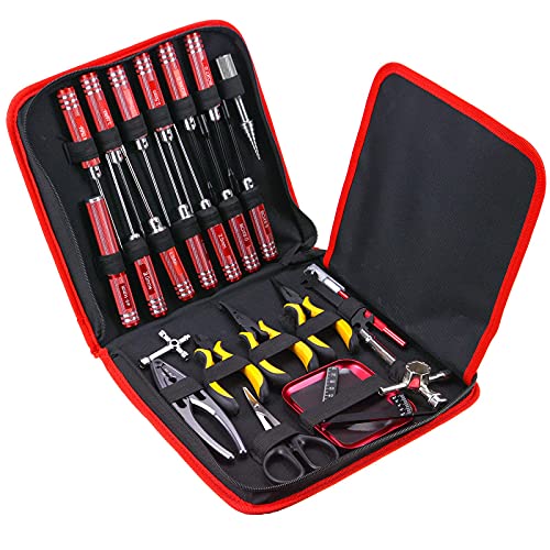RC Car Tool Kit (27pcs), Screwdriver Set (Flat, Phillips, Hex), Pliers, Cross Wrench, Body Reamer, Stand, Polished Bar Hobby Repair Tools for Traxxas Car Quadcopter Drone Helicopter Airplane