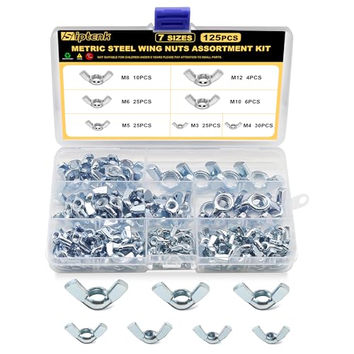 Siptenk Metric Wing Nuts 125PCS, M3 M4 M5 M6 M8 M10 M12 Wingnuts 7 Assorted Sizes Carbon Steel Zinc Plated Butterfly Wing Nut Fasteners Hardware Assortment Kit - color: 125PCS Metric