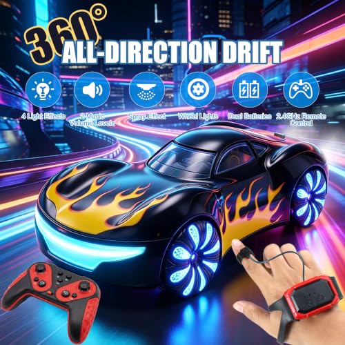 Gesture Sensing RC Stunt Car, 4WD Drifting Remote Control Car for Boys 4-12 | 2.4GHz 50 Min Play Dual Batteries, Mist Spray & LED, 360° Spinning, Birthday Gift for Kids Ages 4-12, Party Gifts, Black - color: 3-black