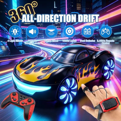 Gesture Sensing RC Stunt Car, 4WD Drifting Remote Control Car for Boys 4-12 | 2.4GHz 50 Min Play Dual Batteries, Mist Spray & LED, 360° Spinning, Birthday Gift for Kids Ages 4-12, Party Gifts, Black - color: 3-black