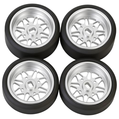 4 Pcs 25mm Star Shaped Rc Drift Wheels & Logo Drift Tires for 1/24 1/28 Wltoys, [2N+2W] Aluminum Alloy Rims with Rc Drift Car Tires for 1/24 1/28 Mini-Q HGD1 Wltoys K969 K989 k929(Silver) - color: Silver
