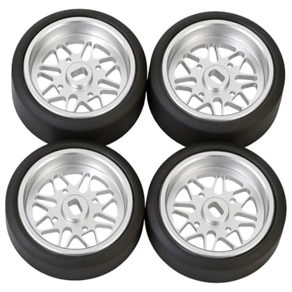 4 Pcs 25mm Star Shaped Rc Drift Wheels & Logo Drift Tires for 1/24 1/28 Wltoys, [2N+2W] Aluminum Alloy Rims with Rc Drift Car Tires for 1/24 1/28 Mini-Q HGD1 Wltoys K969 K989 k929(Silver) - color: Silver