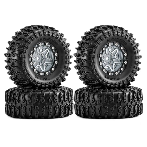 1.3" Beadlock Wheels and Tires 64mm (2.52in) for SCX24 TRX4M 1/18 1/24 RC Crawlers – Aluminum Rims, Rubber Tires with Foam Inserts, Easy-Install Upgrade Parts (Titanium) - color: Titanium 311