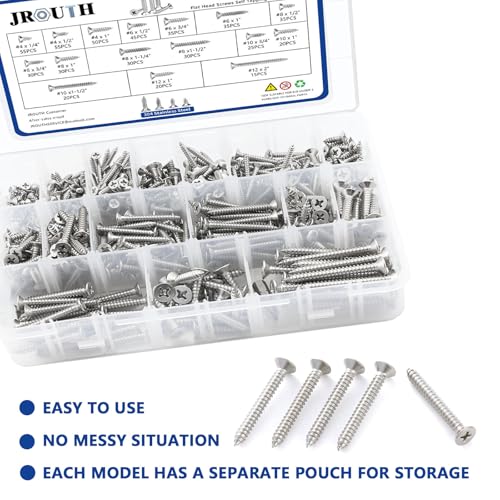 530Pcs Stainless Steel Wood Screws Set #4#6#8#10#12 Phillips Flat Head Sheet Metal Screw Self Tapping Screws Assortment Kit, Length 1/4" to 2" - color: Flat Head - 304 Stainless Steel - 530pcs