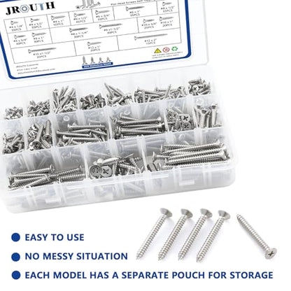 530Pcs Stainless Steel Wood Screws Set #4#6#8#10#12 Phillips Flat Head Sheet Metal Screw Self Tapping Screws Assortment Kit, Length 1/4" to 2" - color: Flat Head - 304 Stainless Steel - 530pcs