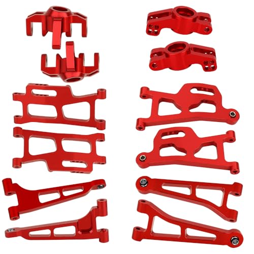 Aluminum Front Rear Swing Arm & Steering Knuckle C-Hub Kit Compatible with 1/14 MJX Hyper Go 14210 14209 H14BM RC Upgrade Parts (red) - color: Red