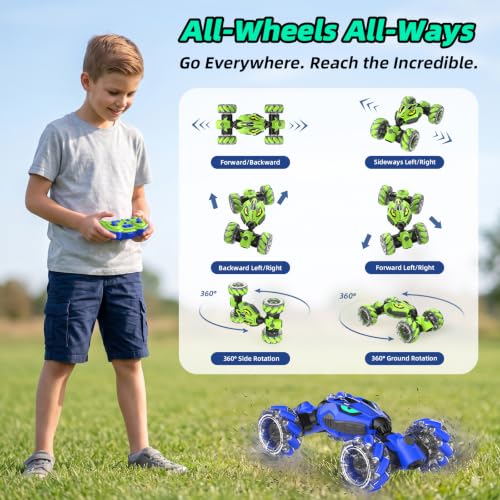 VisionX RC Stunt Cars, Unique 2.4GHz 4WD 360° Rotating Gesture Sensing | Boys and Girls Ages 6-12, Double‑Sided Driving RC Drift Car, Birthday and Christmas Cool Car Toys Gifts for Kids, 2 Batteries - color: Vibrant Blue