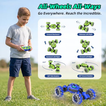 VisionX RC Stunt Cars, Unique 2.4GHz 4WD 360° Rotating Gesture Sensing | Boys and Girls Ages 6-12, Double‑Sided Driving RC Drift Car, Birthday and Christmas Cool Car Toys Gifts for Kids, 2 Batteries - color: Vibrant Blue