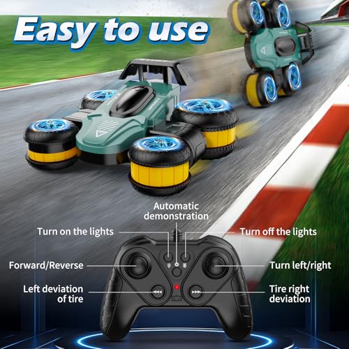 Remote Control Car RC Stunt Cars Toy Gifts - High-Speed Drift 360 Flips Four-Sided Driving Rotating Twist 4WD Offroad Vehicle for Kids Boy Girl Birthday Presents Ages 5 6 7 9 10 11 12 Years Old Green - color: Green