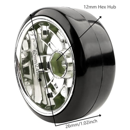 4 Pieces 1/10 Scale Hard Plastic RC Drift Cars On Road Touring Racing Tires Wheels Compatible with HSP Tamiya HPI Kyosho Redcat ExceedRC 1/10 On-Road Touring Car - color: Silver