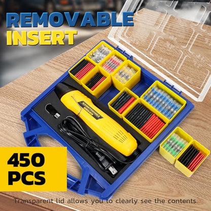 haisstronica Solder Seal Connectors and Tubing Kit, Mini Heat Gun, 450PCS | Wire Gauge Markings, Low-Melt Solder Rings, 2 Heat Settings, Removable Bins, Automotive and Trailer Wiring - size: 450PCS
