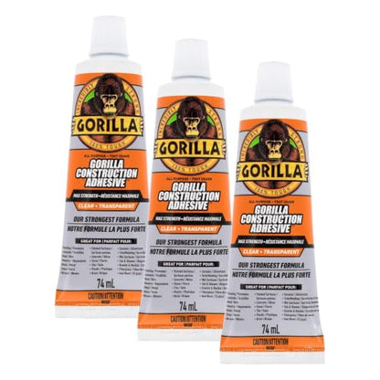 Gorilla Max Strength Construction Adhesive, 2.5 oz (Pack of 3), Clear, Waterproof for Quick Fixes Touch Ups, Bonds Wood Metal Glass Tile Stone Drywall, Indoor Outdoor Gap-Filling Paintable - size: 2.5oz (Pack of 3), style: 1 Pack